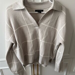 Tahari Beige-Cream Windowpane V-Neck Polo Sweater